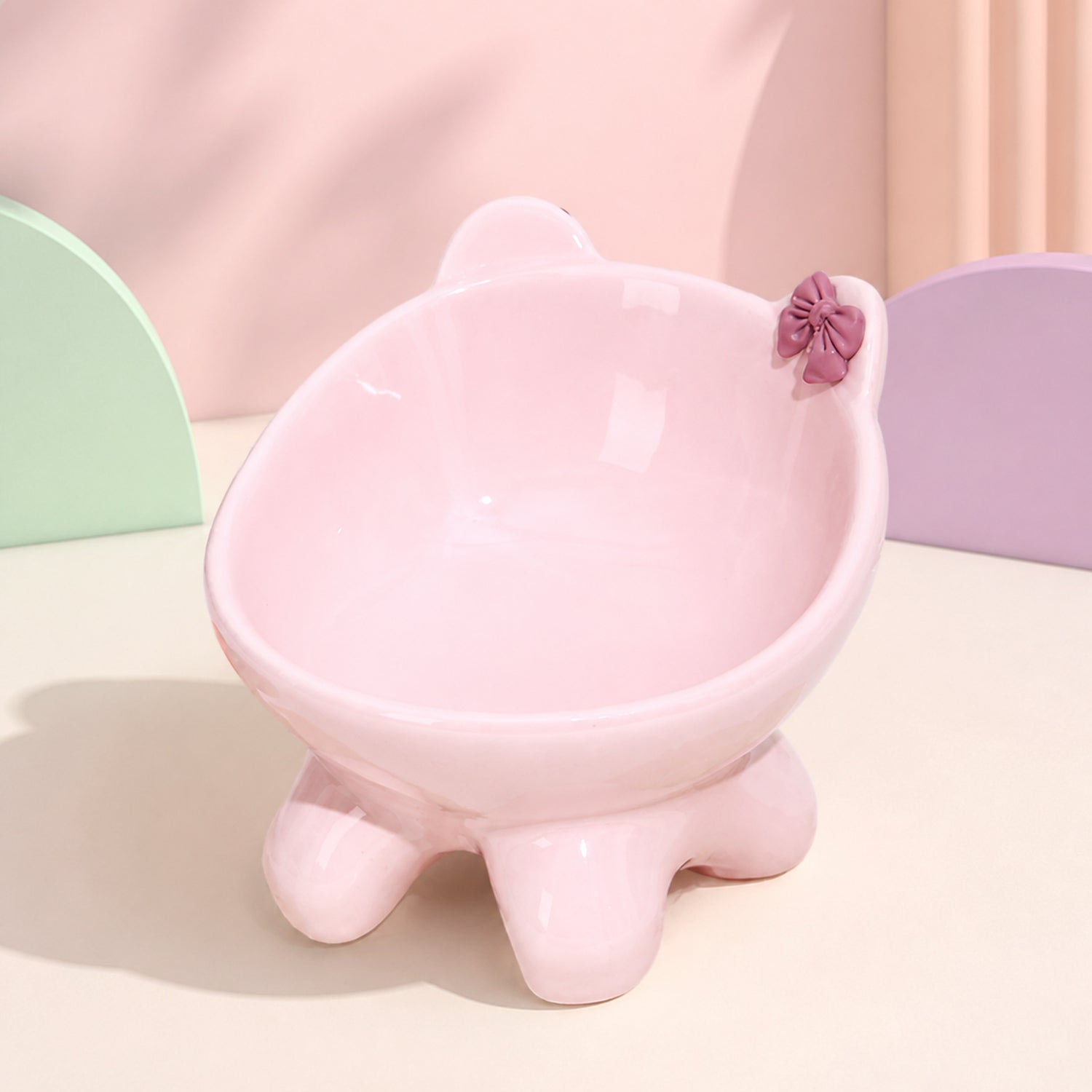 Bow Kitty Raised Ceramic Cat Bowl | 15° Tilted Easy-Clean Feeder