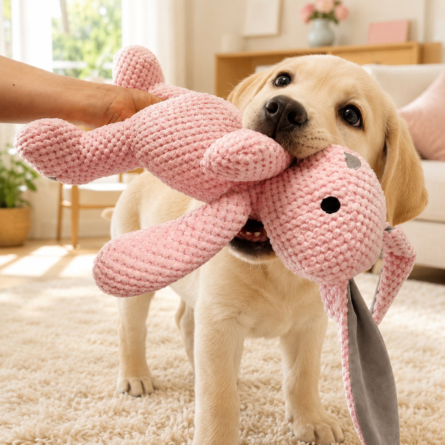 Pink Bunny Plush Dog Toy | Large Squeaky Chew Toy | Soft Interactive Play