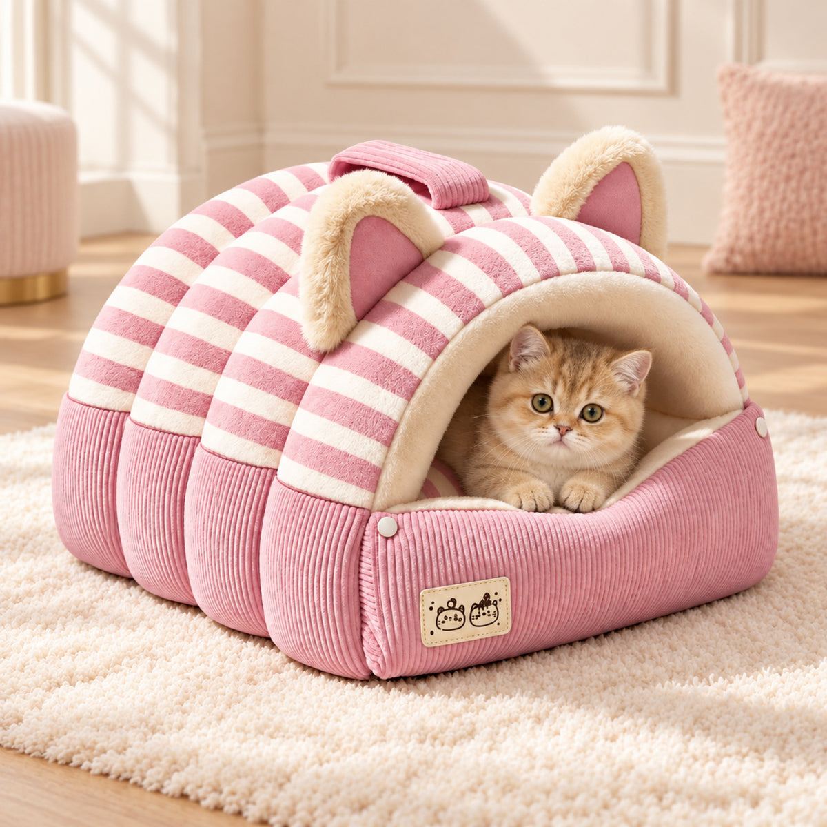 Cat Bed | Kitty Stripe Cave | Soft Plush & Corduroy | Fold-Down Front