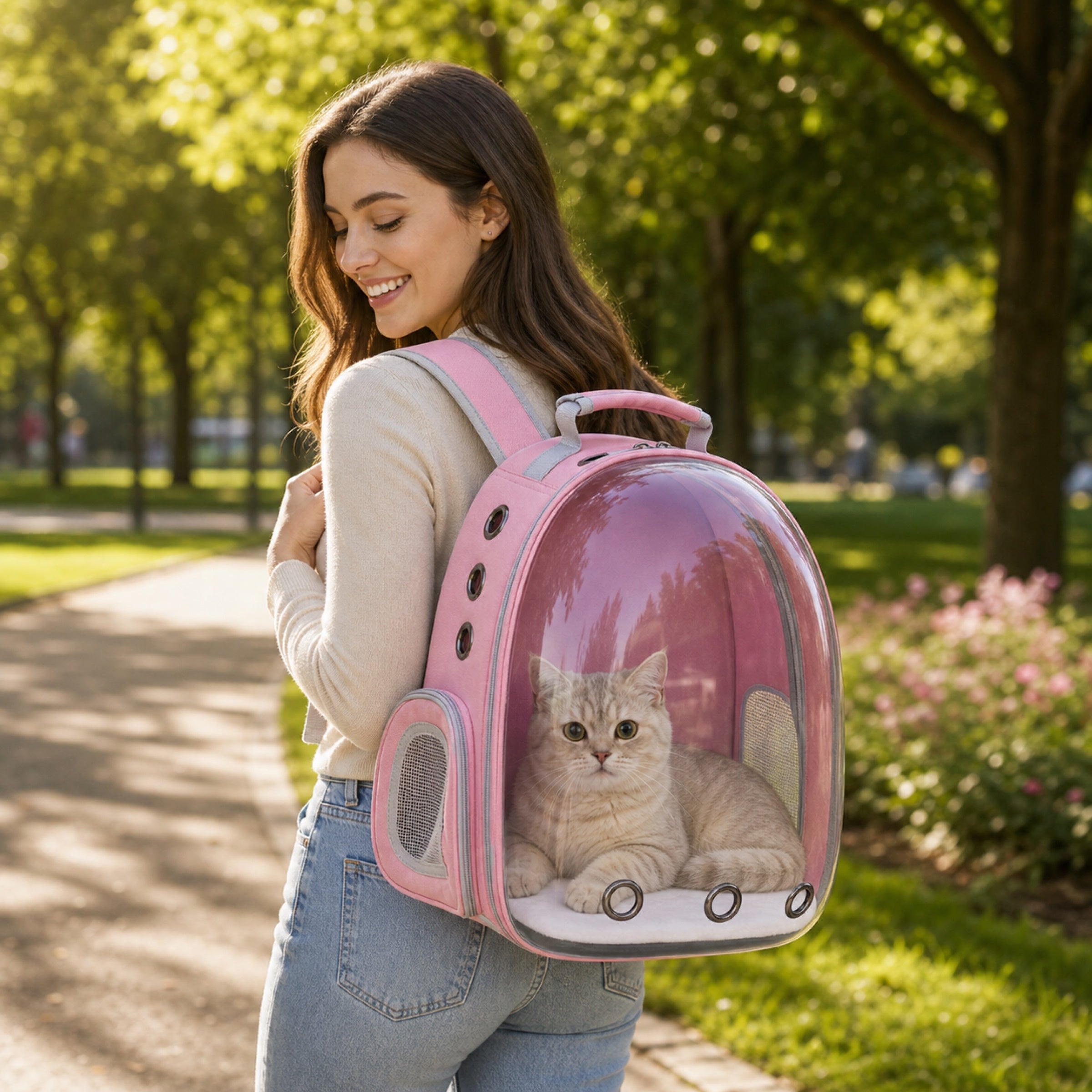 Woman carrying pink cat carrier backpack with kitten inside in a sunny park