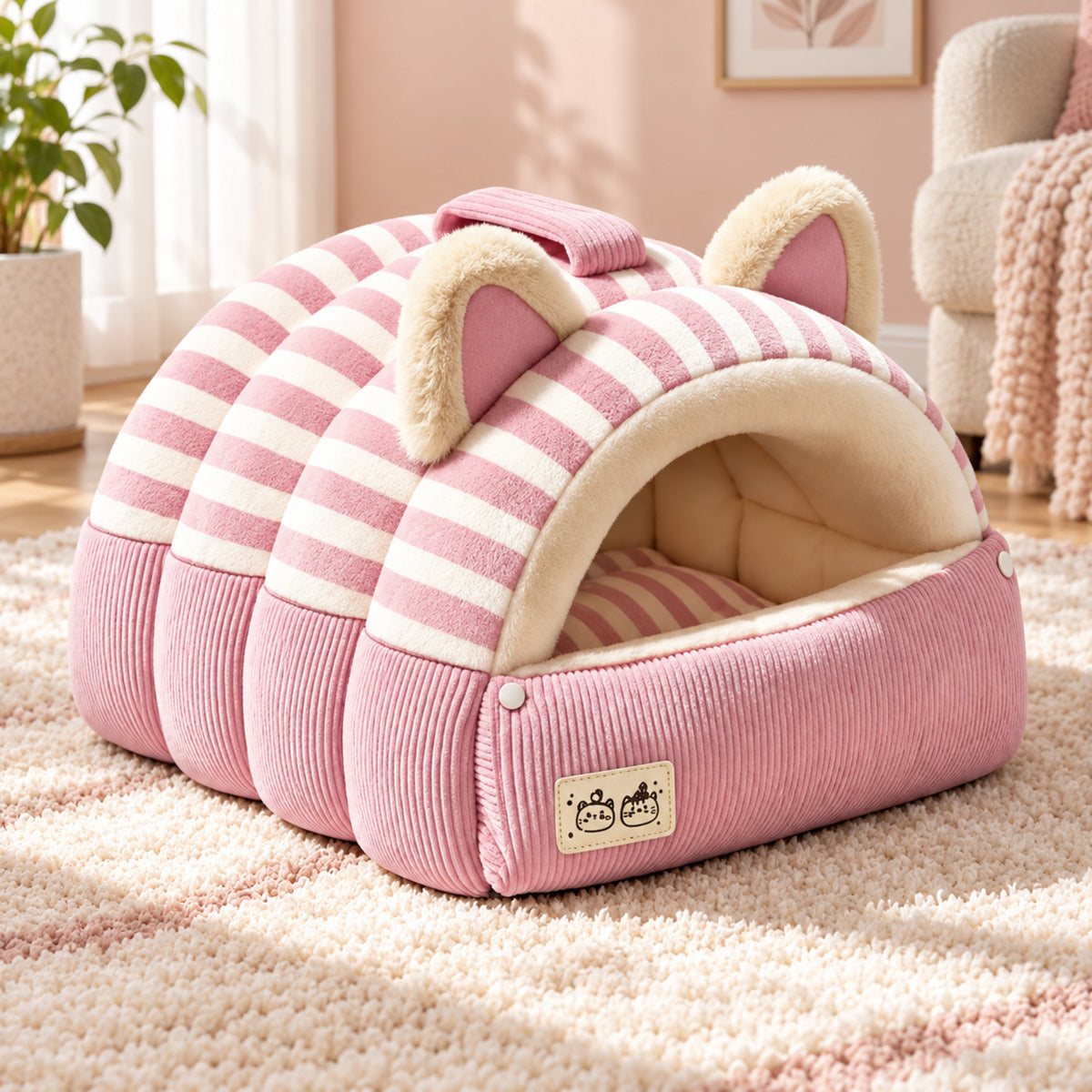 Cat Bed | Kitty Stripe Cave | Soft Plush & Corduroy | Fold-Down Front
