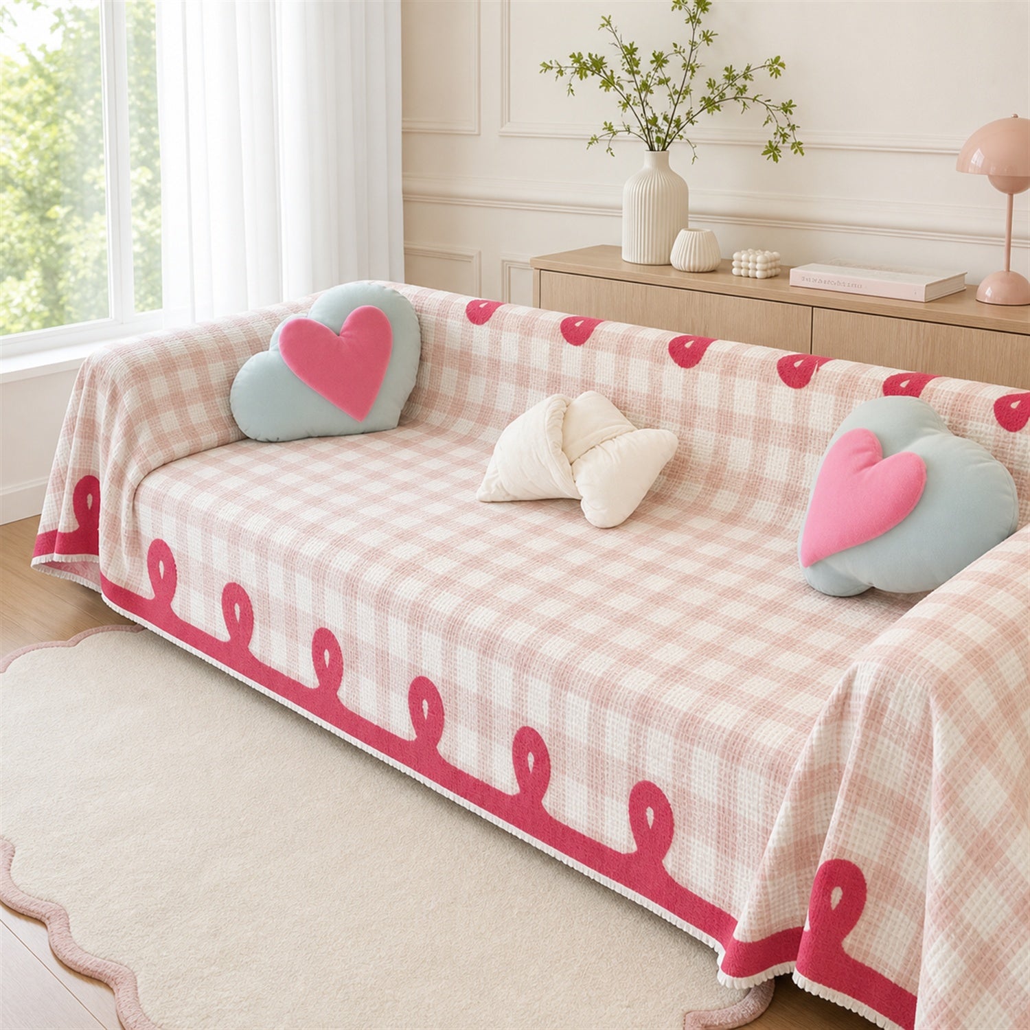 Pastel Gingham Waffle Sofa Throw | Non-Slip All-Season Sofa Protector