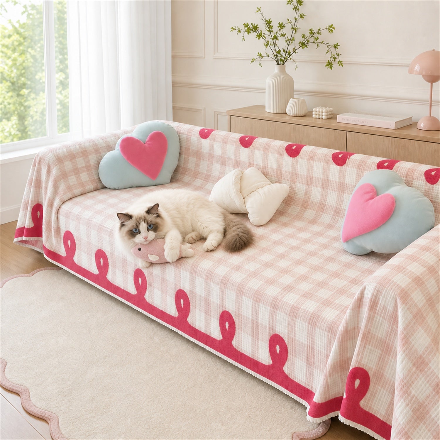 Pastel Gingham Waffle Sofa Throw | Non-Slip All-Season Sofa Protector