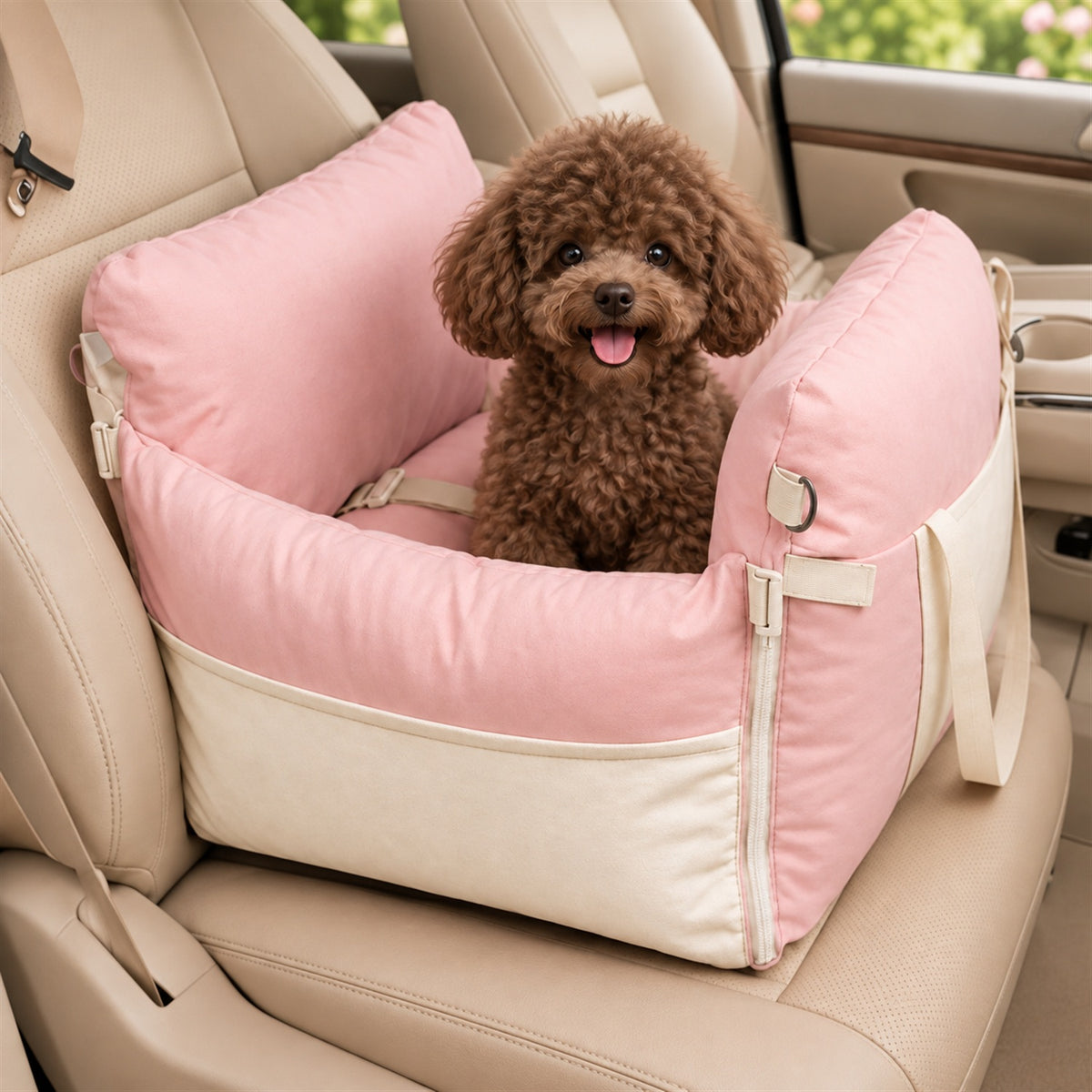 Pet Car Seat & Bed with Side Pockets & Washable Covers