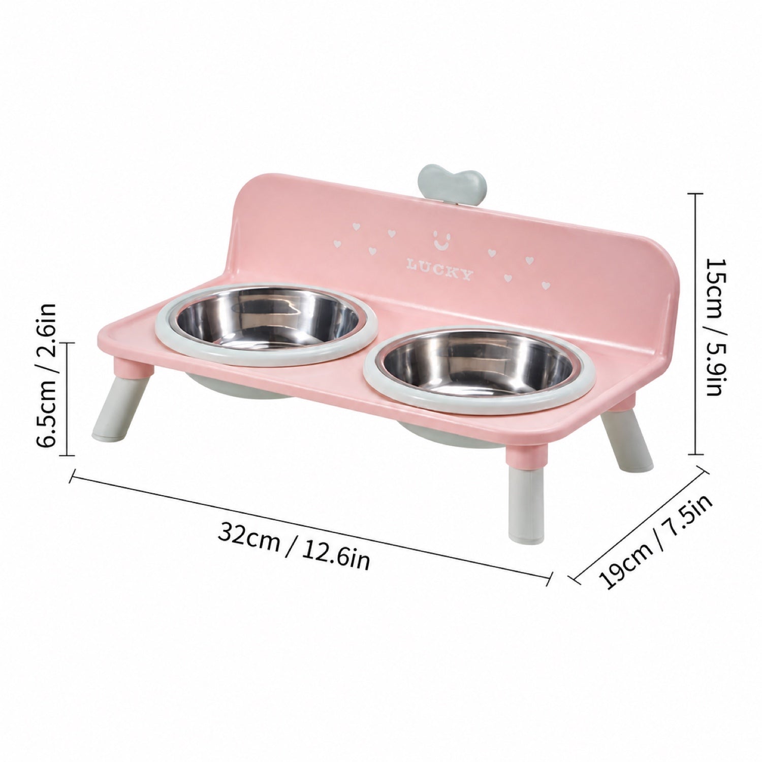 Lucky Heart Elevated Double Pet Bowl Stand | Stainless Steel | Neck-Friendly