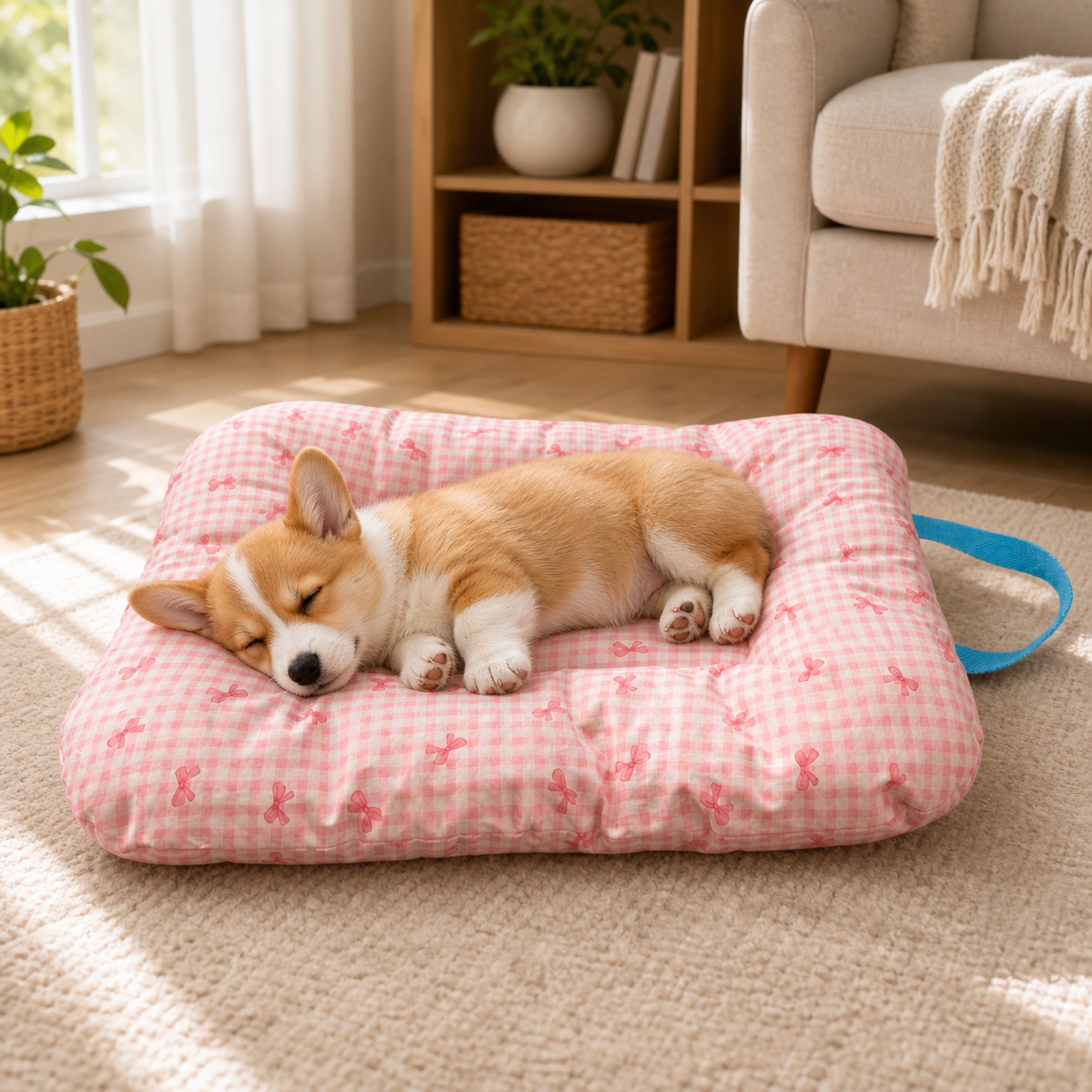 Gingham Bow Pet Mat | Cotton Double-Sided All-Season | Washable Bed