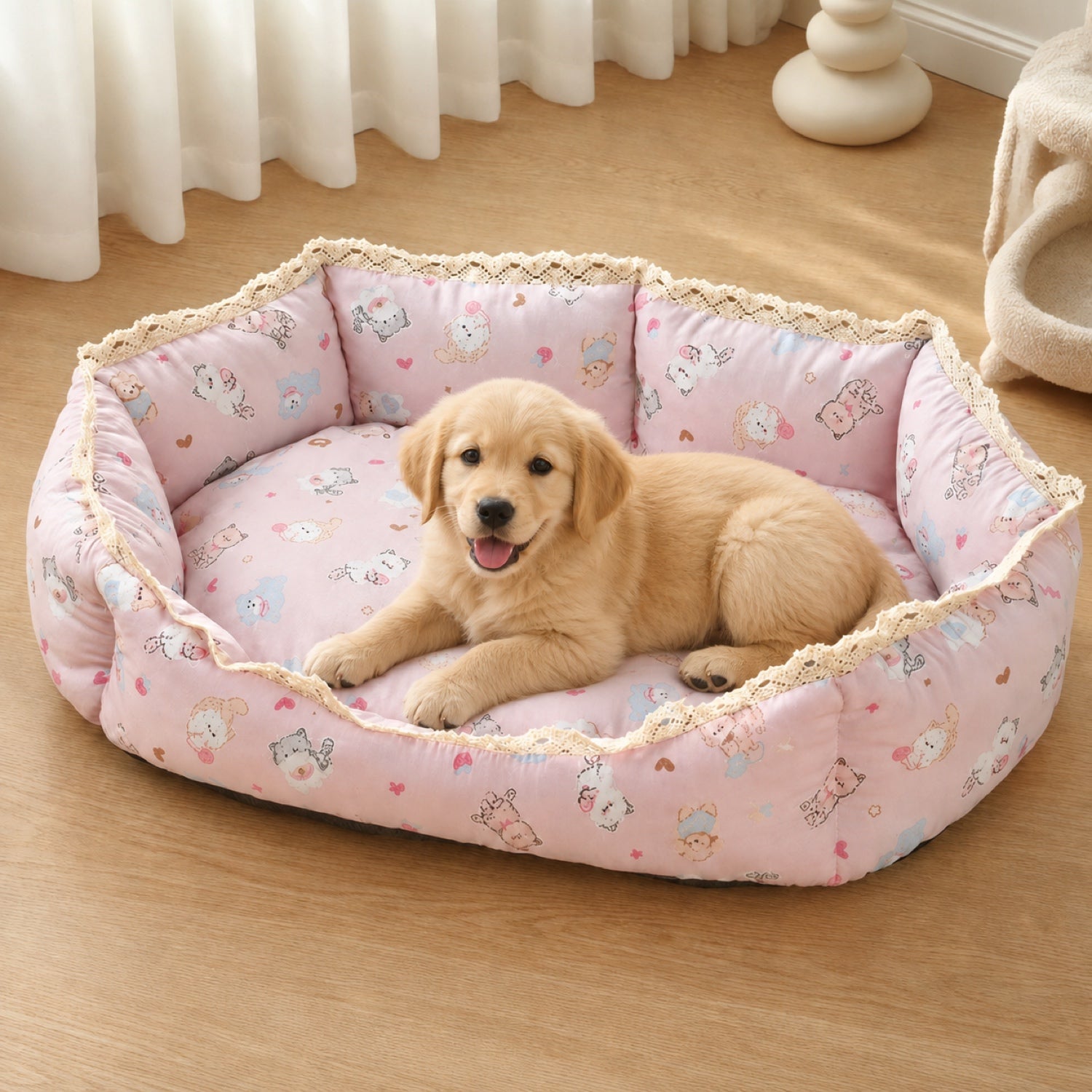 Sweet Lace Pet Bed | Anti-Slip Washable | Raised Sides for Neck Support