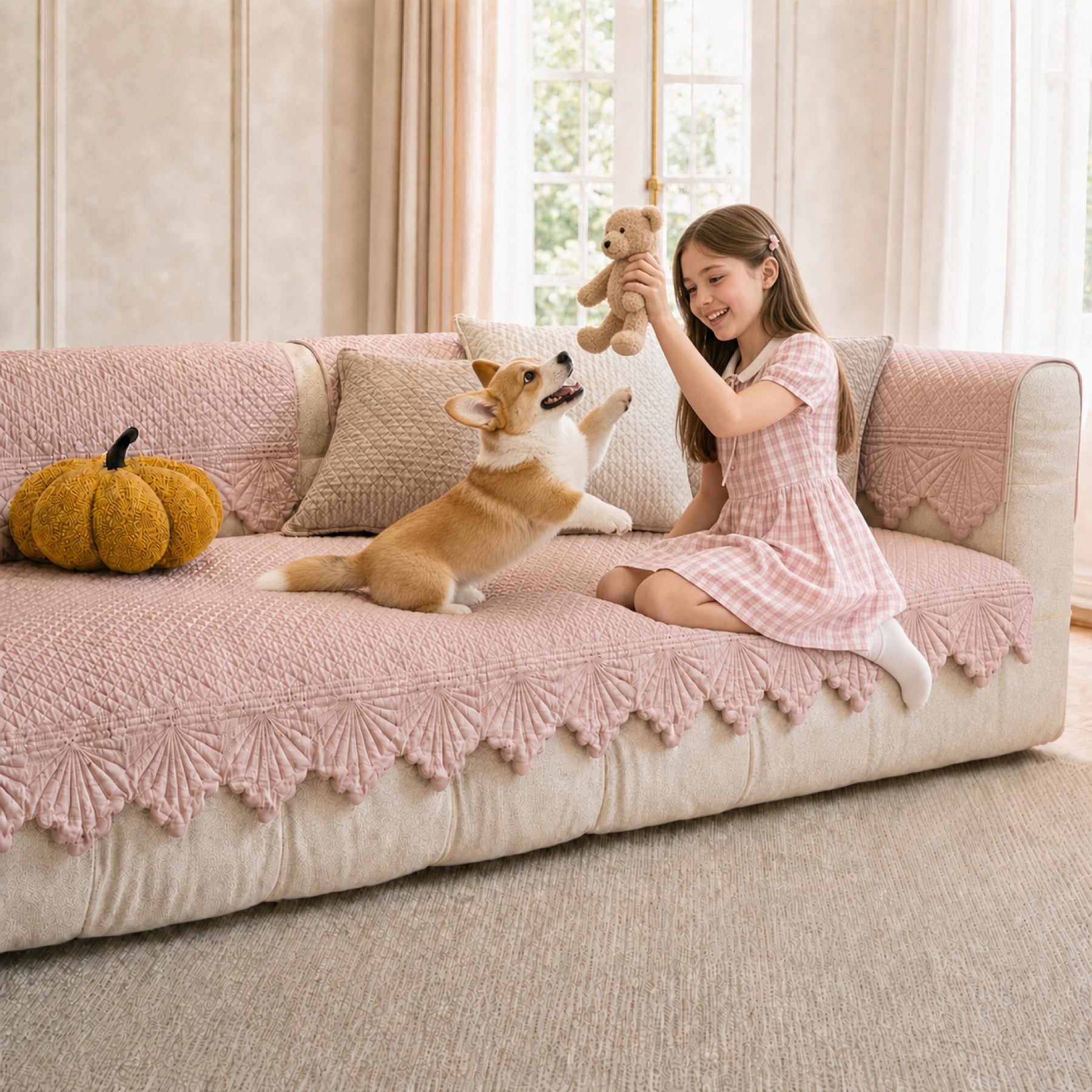 Leaf Edge Cotton Sofa Cover | Non-Slip Machine-Washable