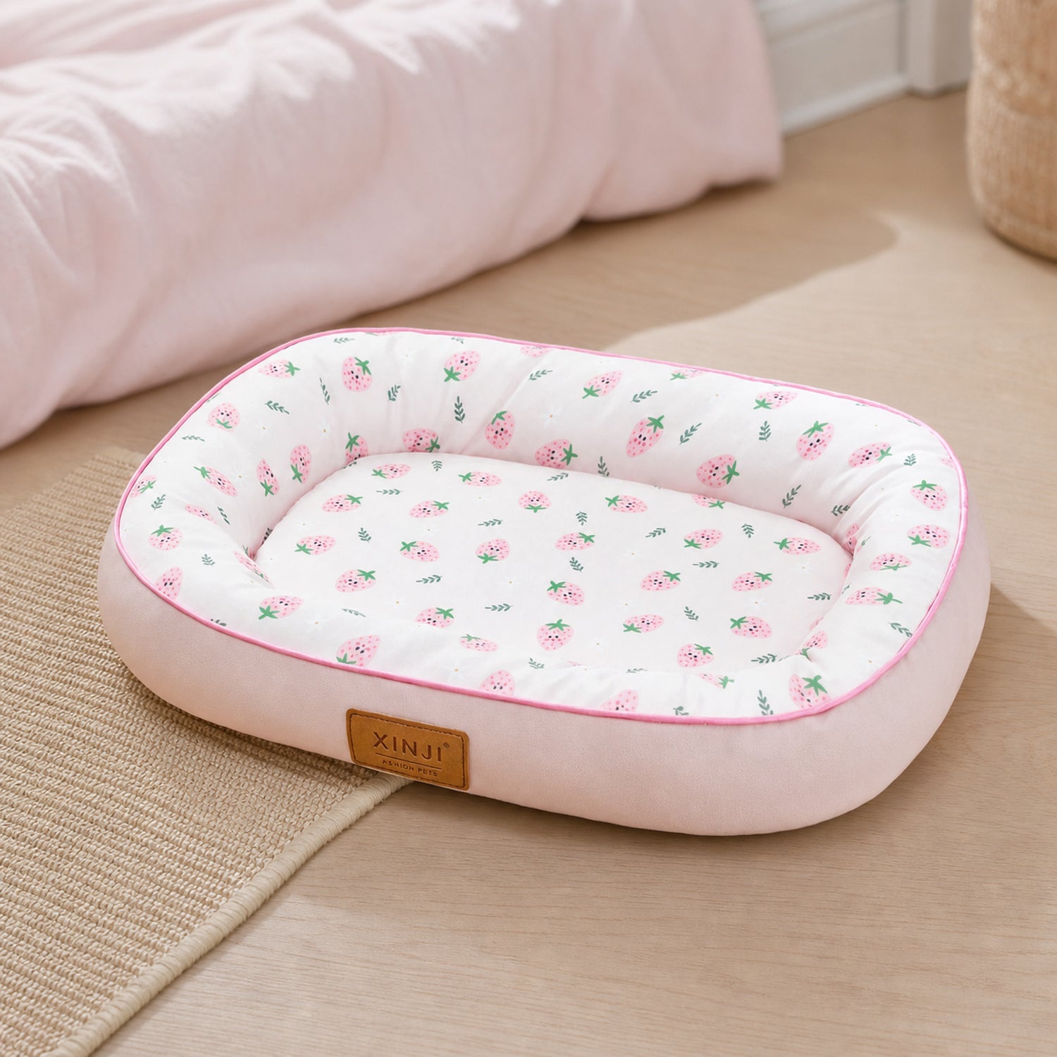 Strawberry Pet Bed | Washable Waterproof Fabric | Supportive Cotton-Filled Sides