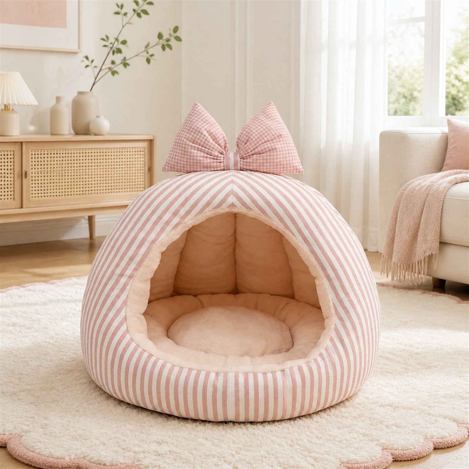 Striped Bow Pet House | Cosy Anti-Slip Machine-Washable Bed