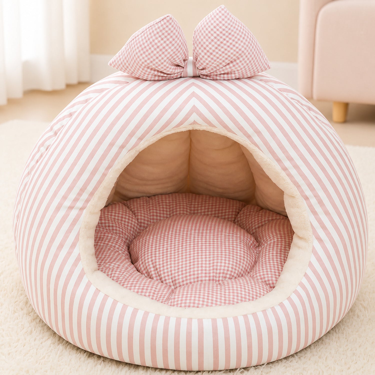 Striped Bow Pet House | Cosy Anti-Slip Machine-Washable Bed