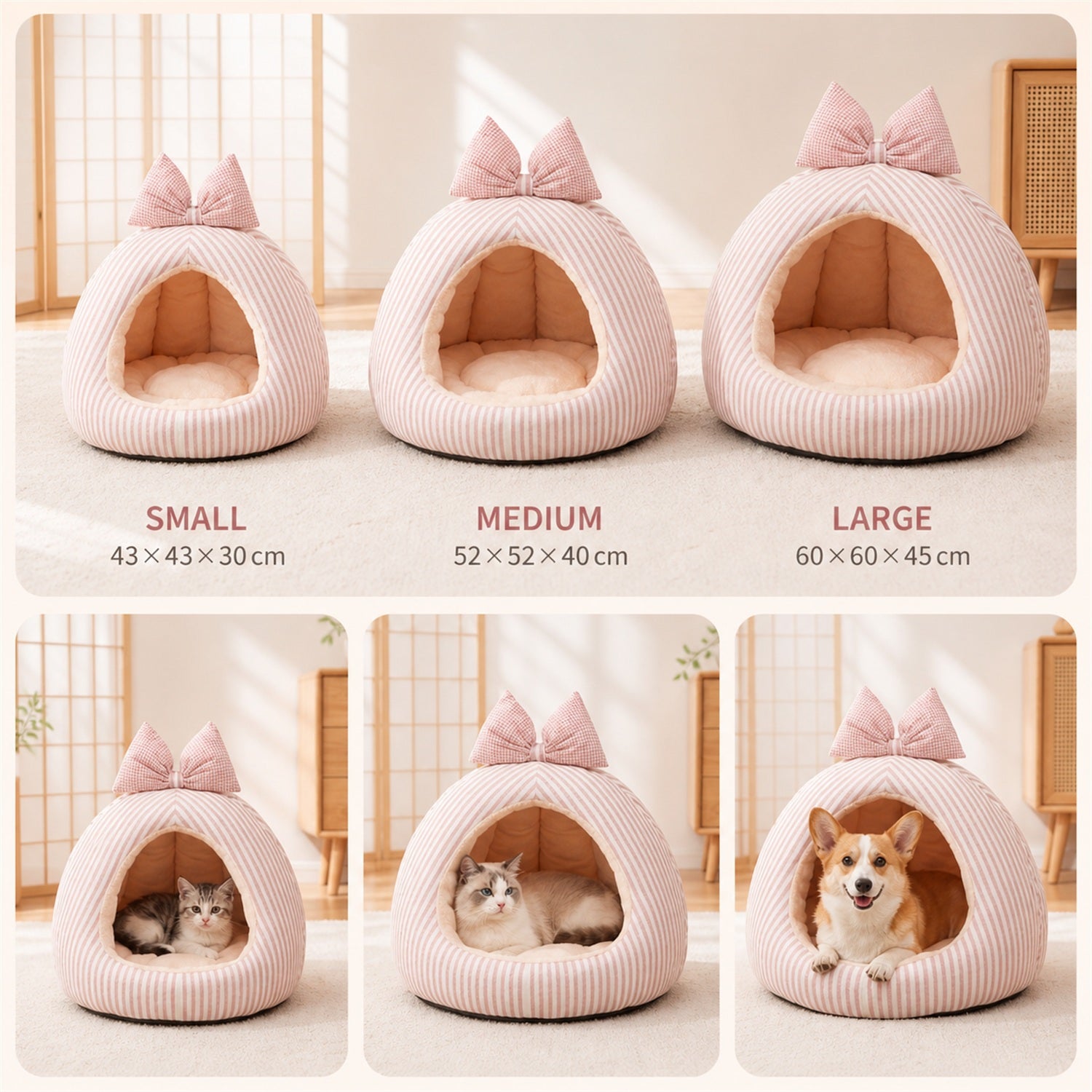 Striped Bow Pet House | Cosy Anti-Slip Machine-Washable Bed