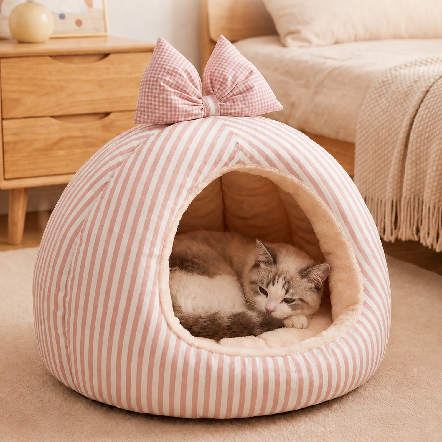 Striped Bow Pet House | Cosy Anti-Slip Machine-Washable Bed