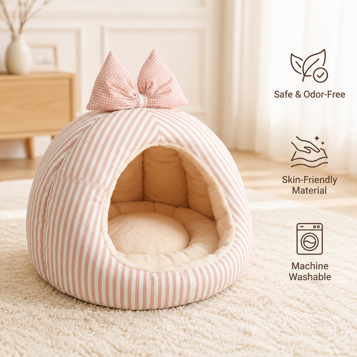 Striped Bow Pet House | Cosy Anti-Slip Machine-Washable Bed