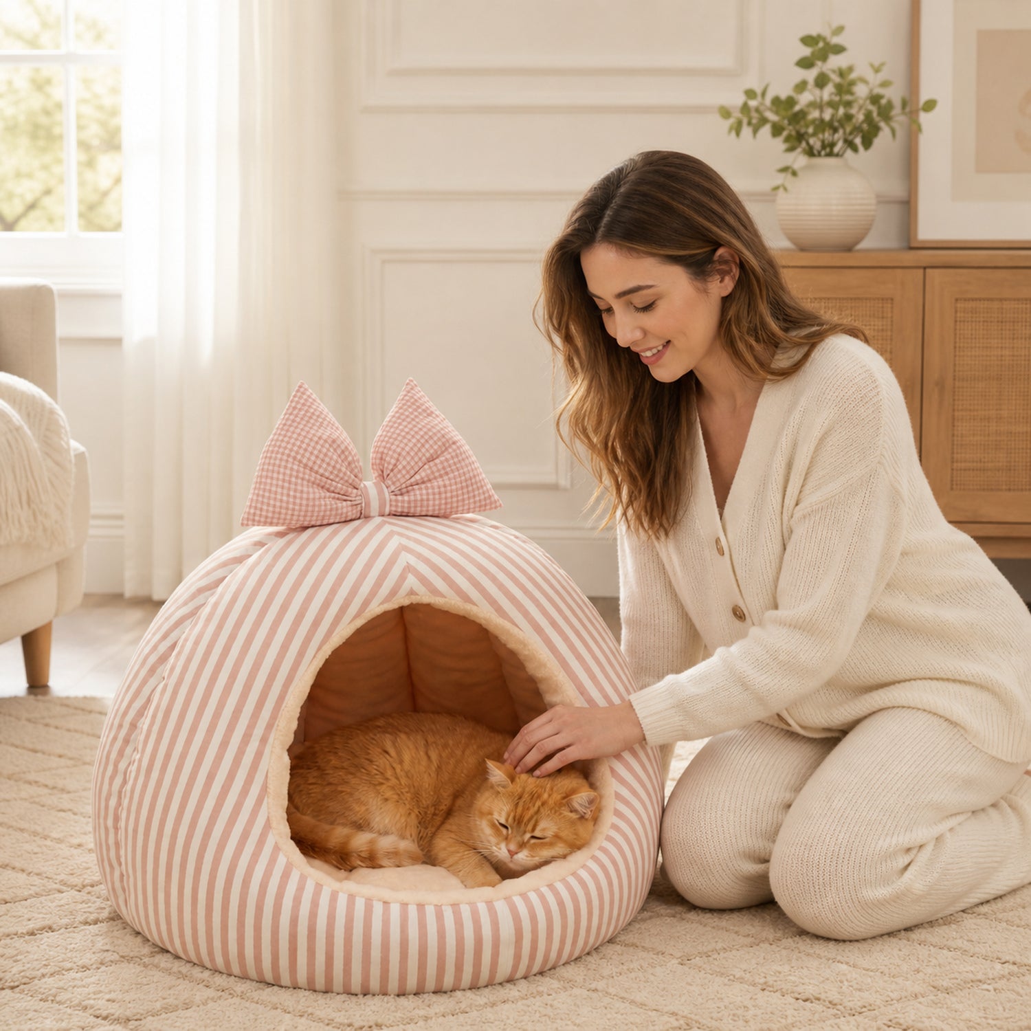 Striped Bow Pet House | Cosy Anti-Slip Machine-Washable Bed