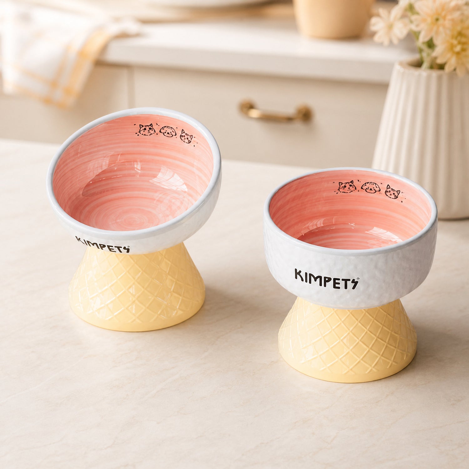 Sweet Cone Elevated Ceramic Pet Bowl Set of 2 | Raised Cat & Dog Feeders | Easy Clean