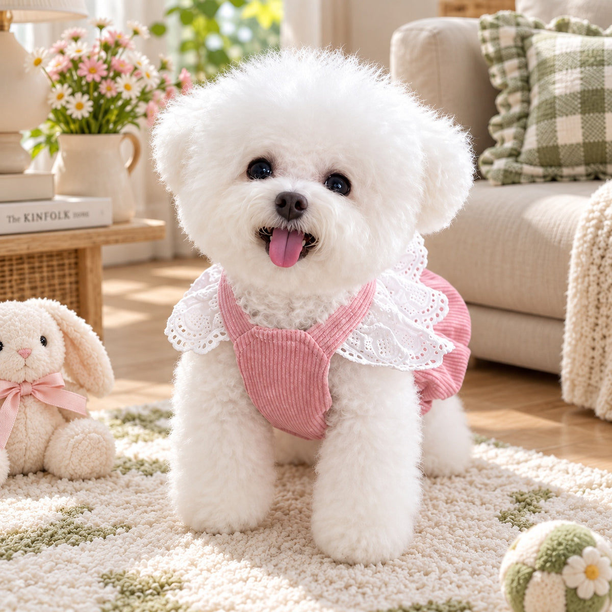 Belle Bow Dog Dress | Corduroy with Lace Trim & Lead Attachment Ring