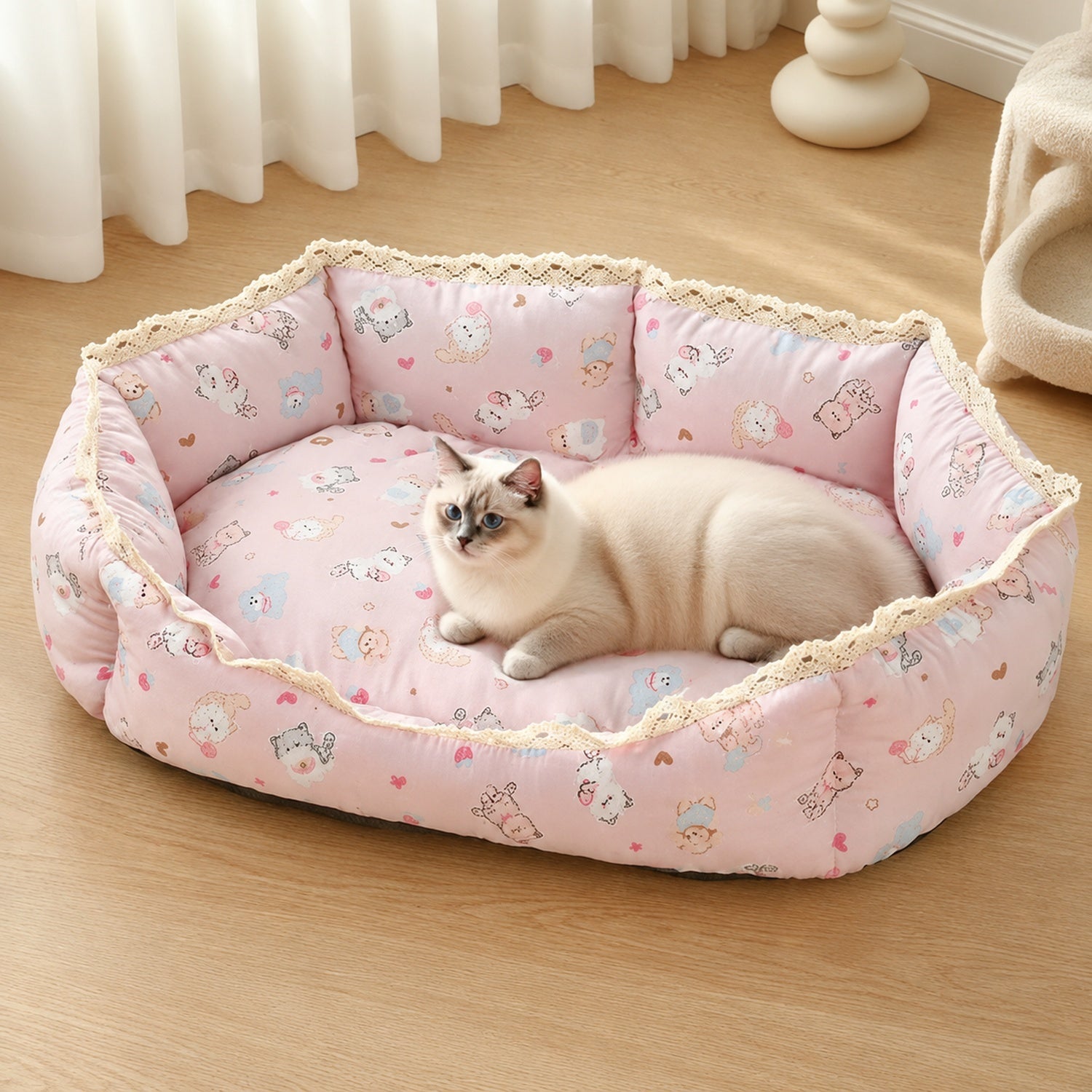 Sweet Lace Pet Bed | Anti-Slip Washable | Raised Sides for Neck Support