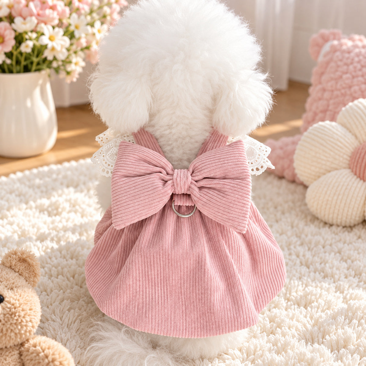 Belle Bow Dog Dress | Corduroy with Lace Trim & Lead Attachment Ring