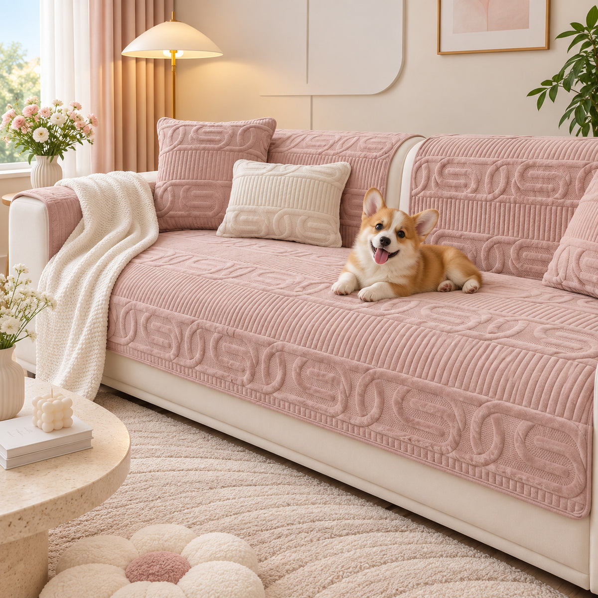 Sofa Cover | Love Lock Quilted Velour | Non-Slip Sofa Protector