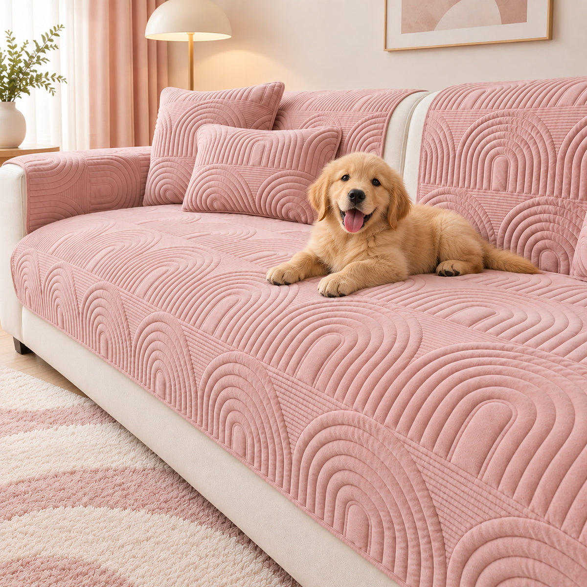 Ripple Arch Sofa Cover | Quilted Velour | Non-Slip Sofa Protector