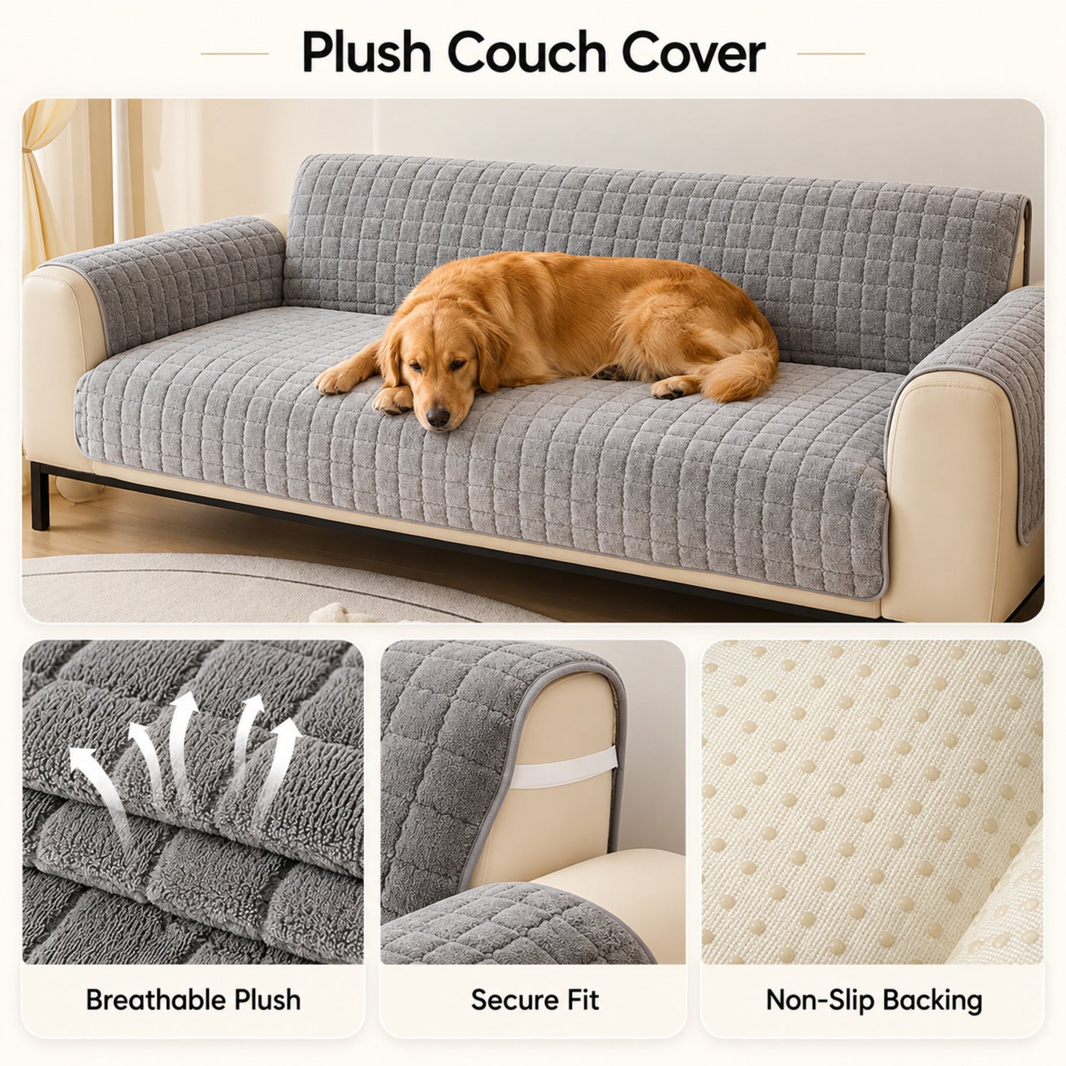 Short Plush Sofa Cover | One-Piece Non-Slip Washable Protector for Pet-Friendly Homes