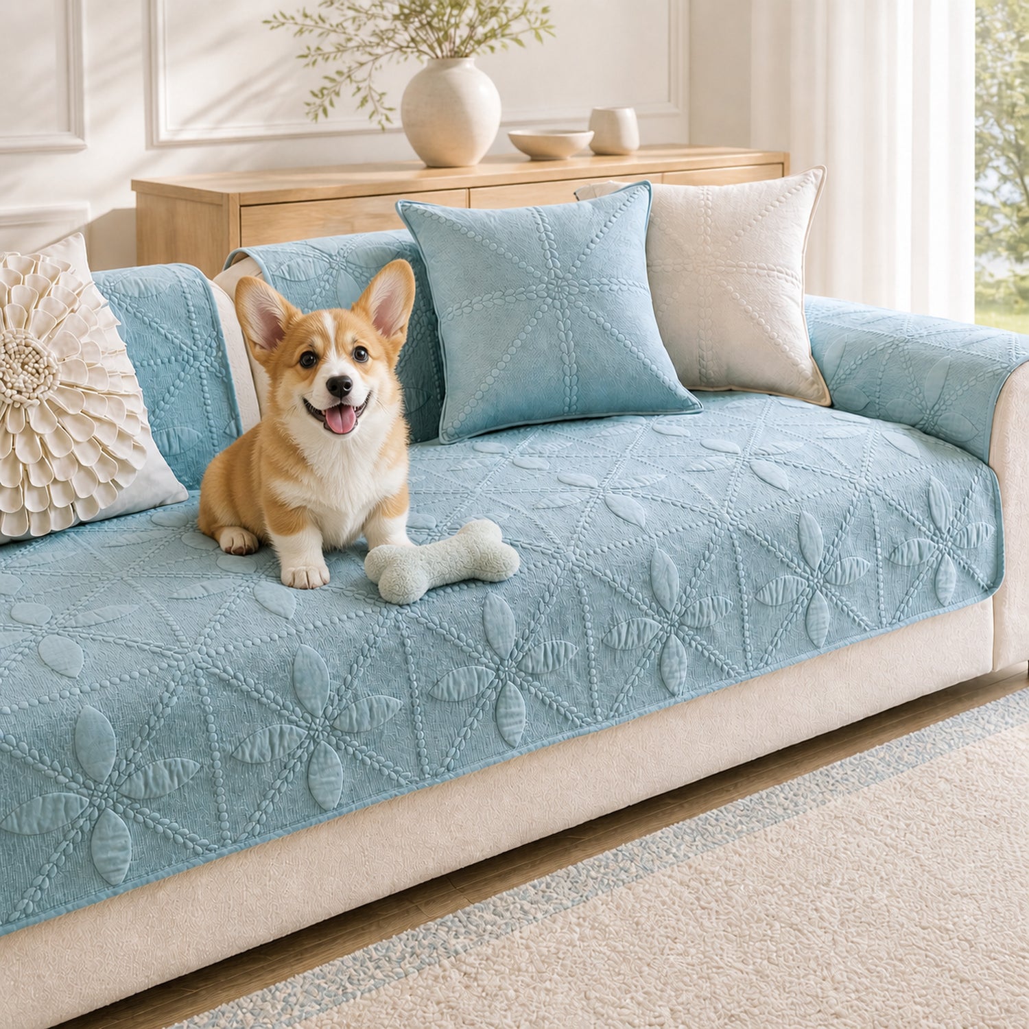 Leaf Lattice Quilted Sofa Protector | Cotton | Non-Slip & Machine Washable