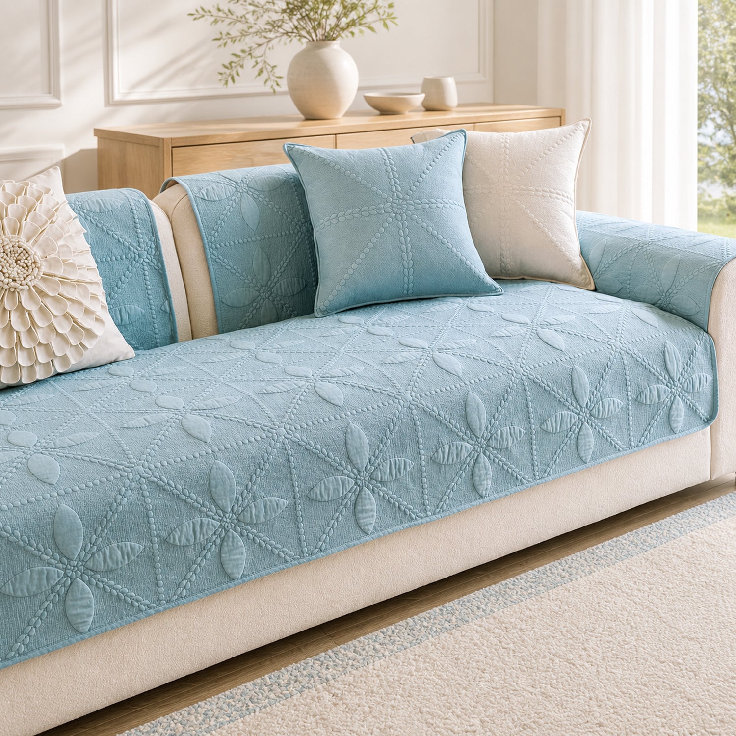 Leaf Lattice Quilted Sofa Protector | Cotton | Non-Slip & Machine Washable