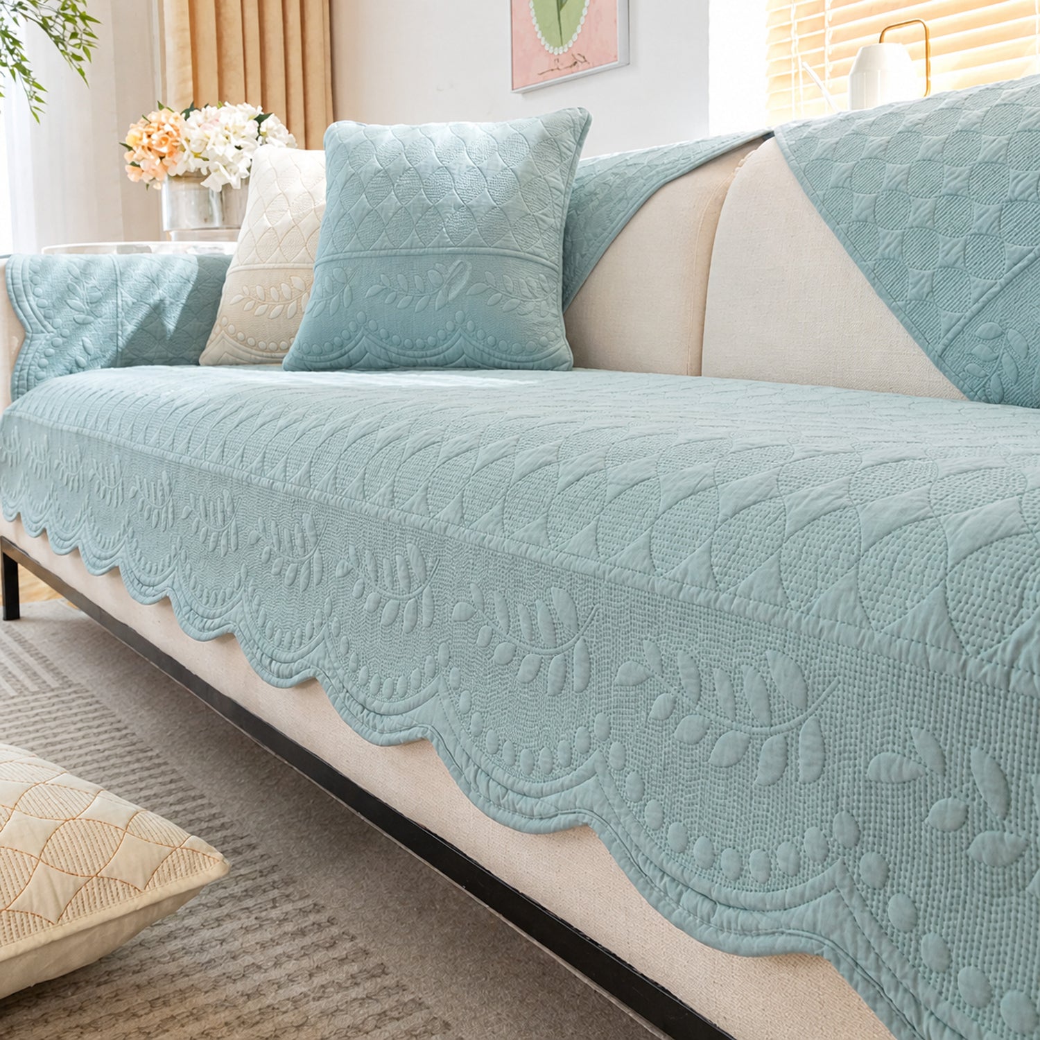 Willow Floral Cotton Sofa Protector | Quilted Non-Slip Washable Cover