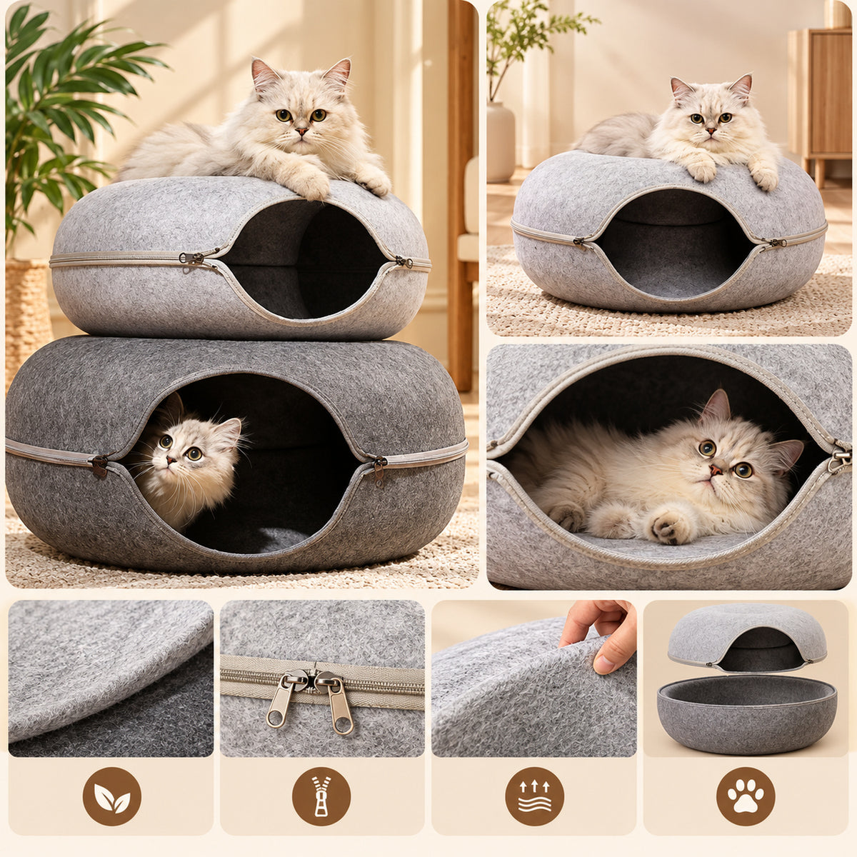 Donut Cat Bed | Felt Tunnel Hideaway with Removable Top