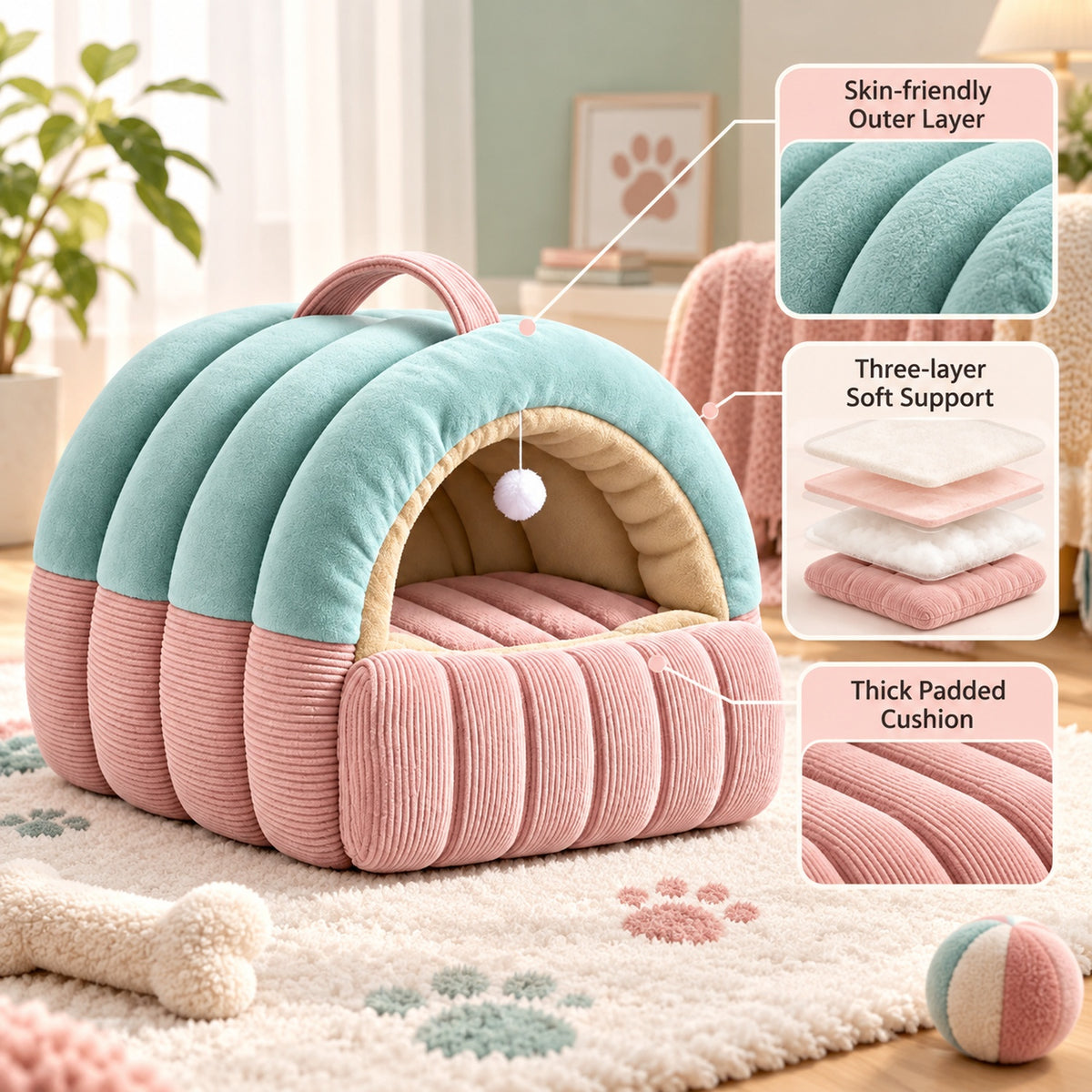 Dog Bed & Cat Bed | Cosy Plush Cave with Fold-Down Front