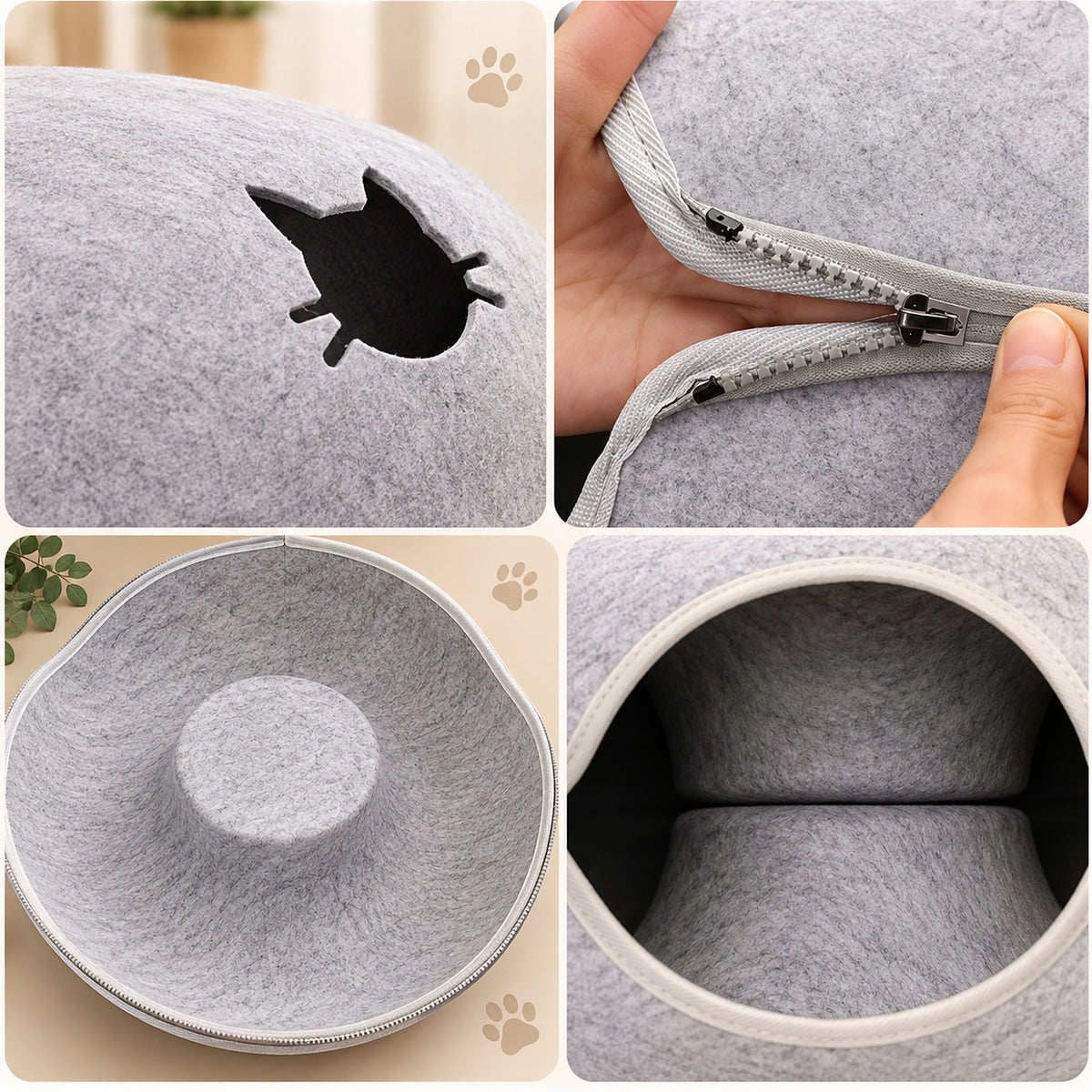 Donut Cat Bed | Felt Tunnel Hideaway with Removable Top