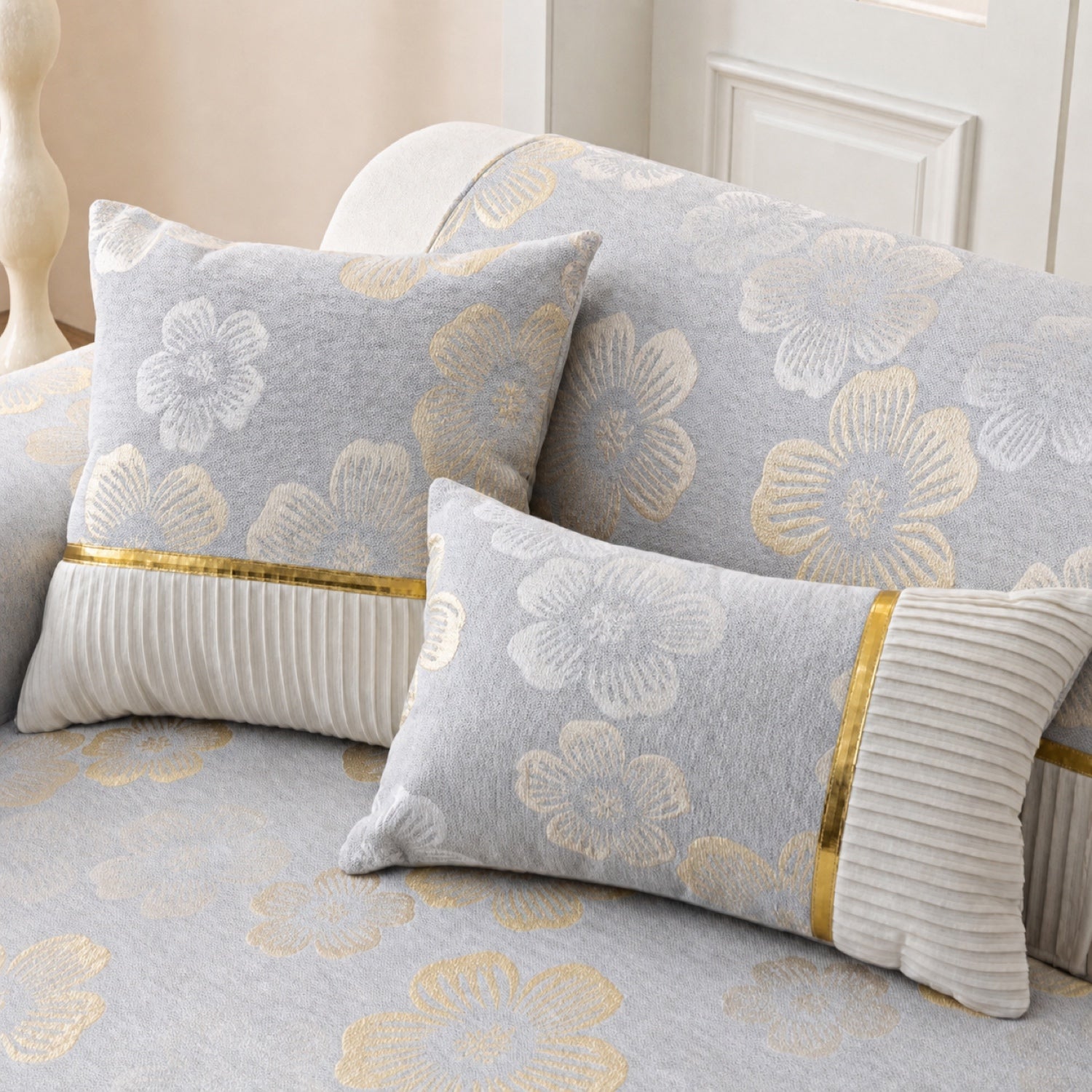 Golden Camellia Jacquard Sofa Cover | Chenille Anti-Slip Washable | Pet Protector