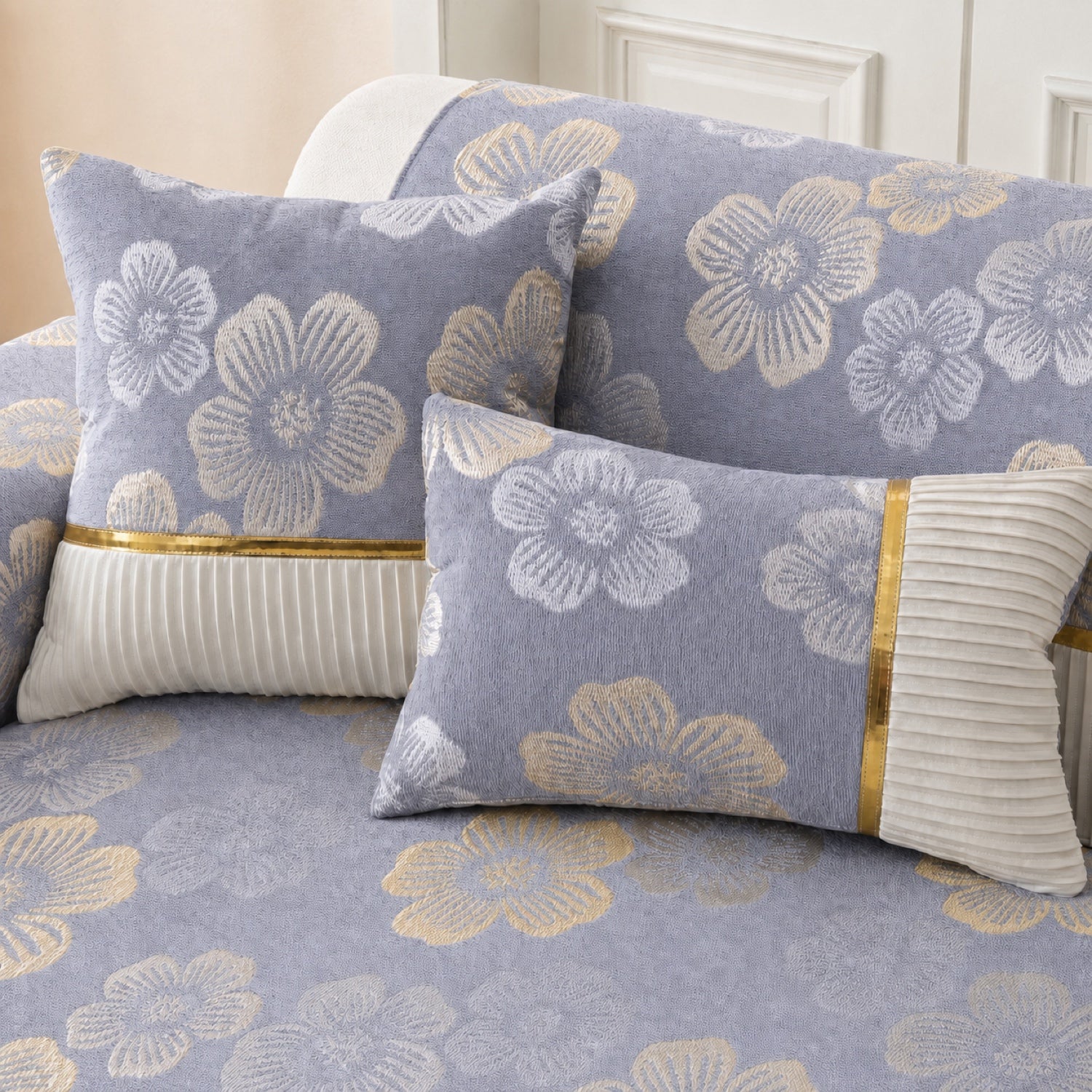 Golden Camellia Jacquard Sofa Cover | Chenille Anti-Slip Washable | Pet Protector