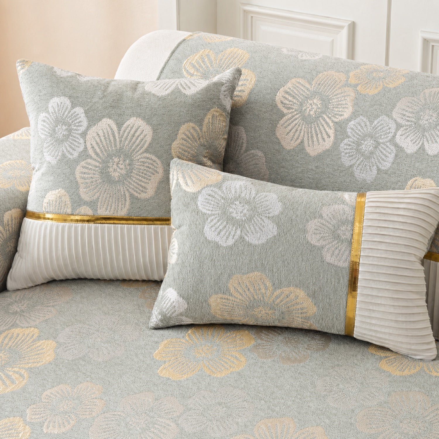 Golden Camellia Jacquard Sofa Cover | Chenille Anti-Slip Washable | Pet Protector