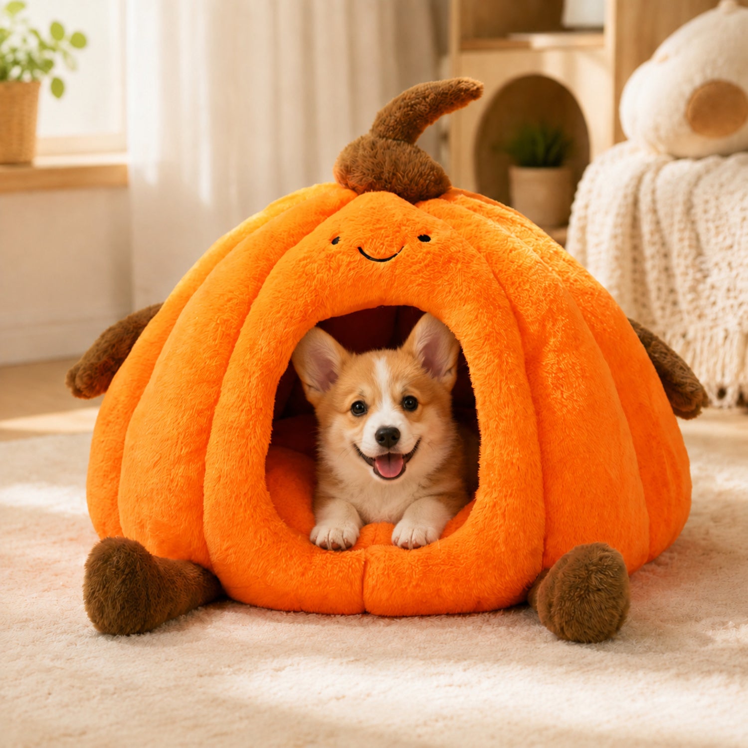 Pumpkin Enclosed Pet Bed | Plush Winter Hideaway | Non-Slip for Cats & Small Dogs