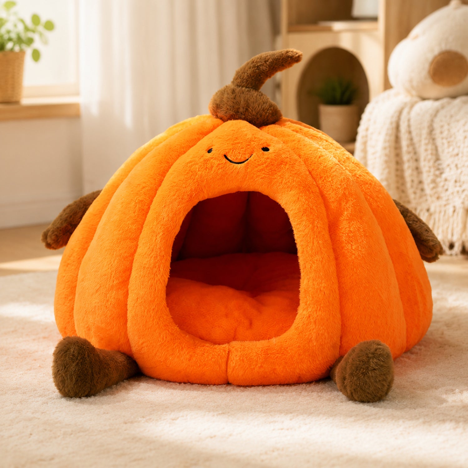 Pumpkin Enclosed Pet Bed | Plush Winter Hideaway | Non-Slip for Cats & Small Dogs