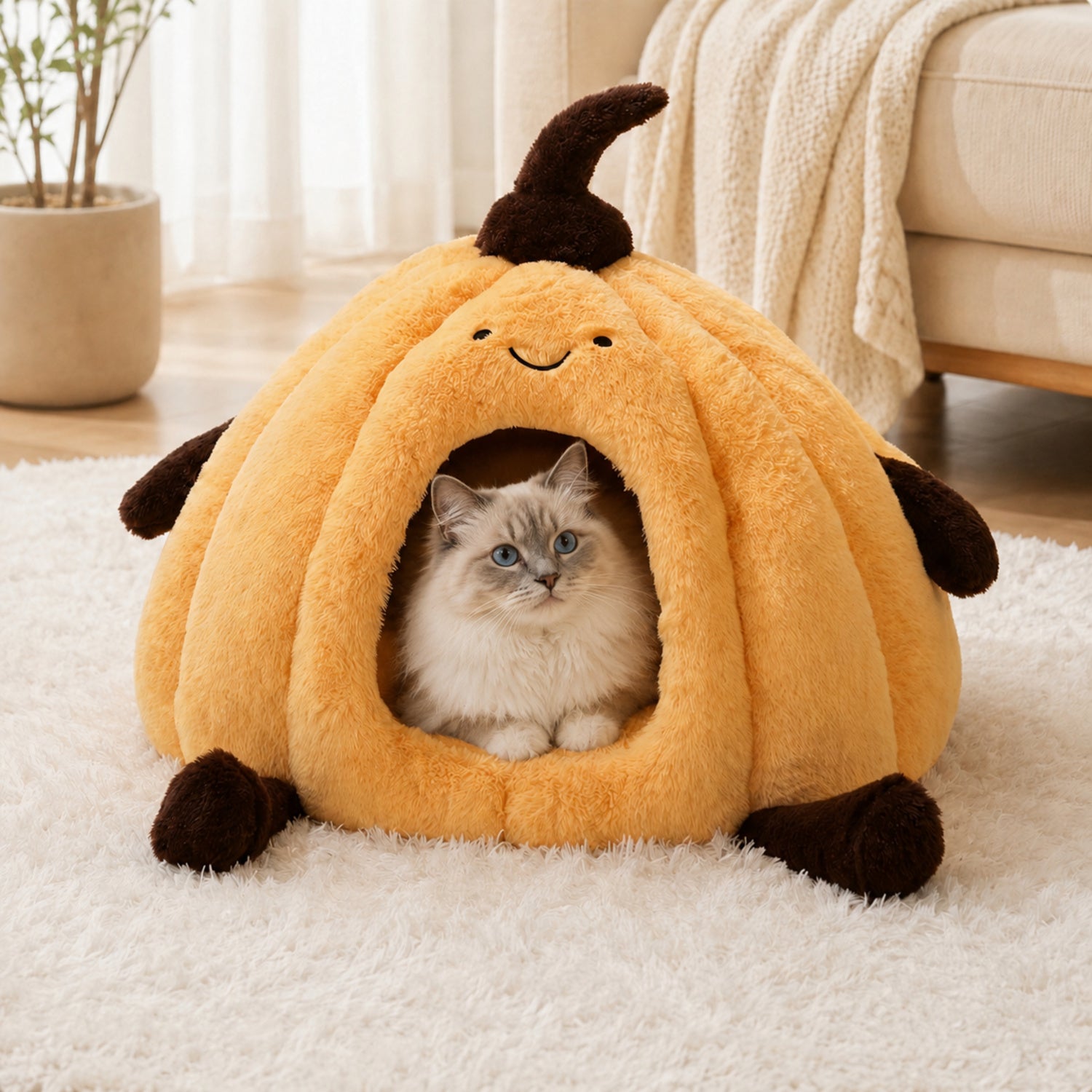 Pumpkin Enclosed Pet Bed | Plush Winter Hideaway | Non-Slip for Cats & Small Dogs