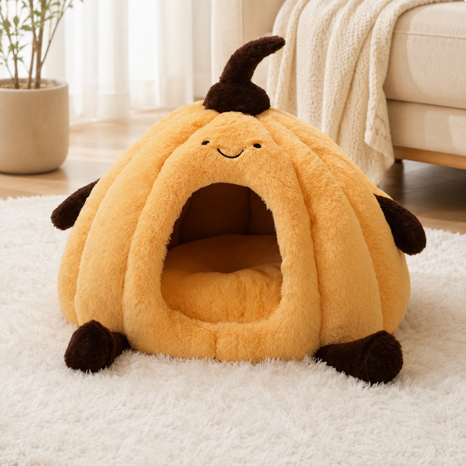 Pumpkin Enclosed Pet Bed | Plush Winter Hideaway | Non-Slip for Cats & Small Dogs