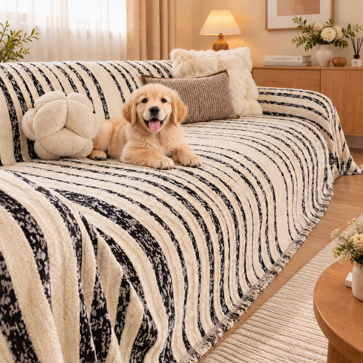 Non-Slip Sofa Cover | Reversible Striped Sofa Throw | Machine Washable