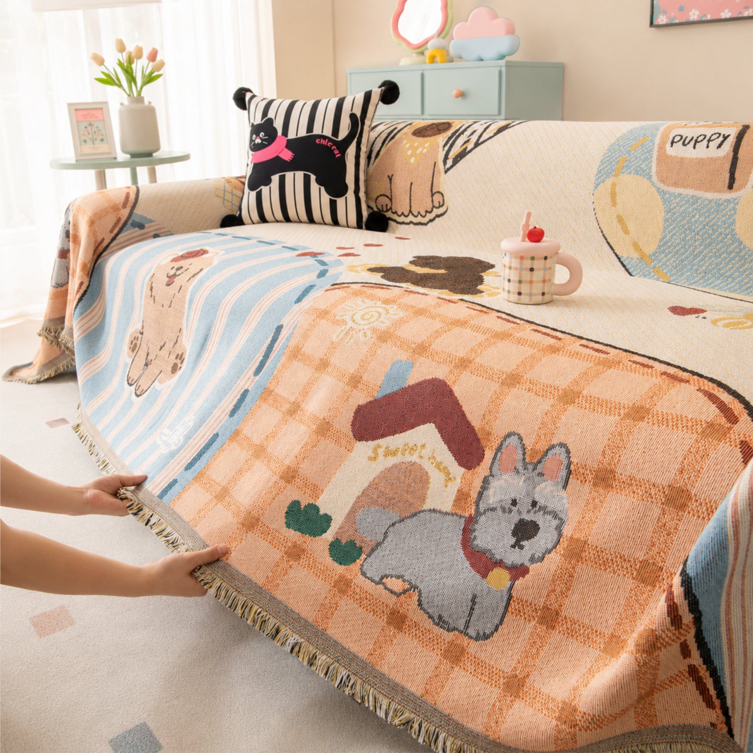 Puppy Days | Chenille Sofa Throw | Scratch-Resistant Sofa Protector