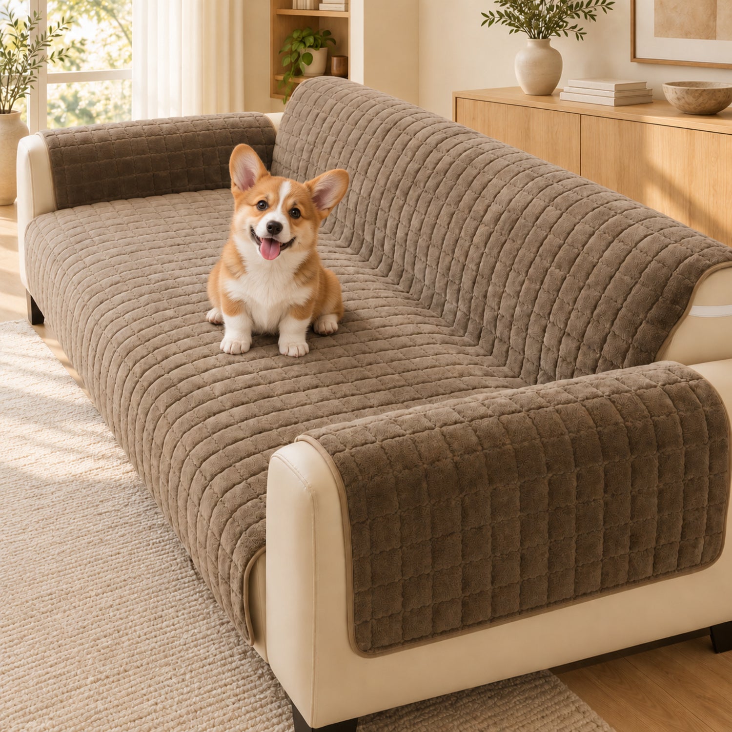 Short Plush Sofa Cover | One-Piece Non-Slip Washable Protector for Pet-Friendly Homes