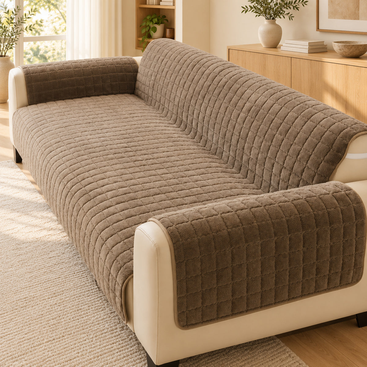 Short Plush Sofa Cover | One-Piece Non-Slip Washable Protector for Pet-Friendly Homes