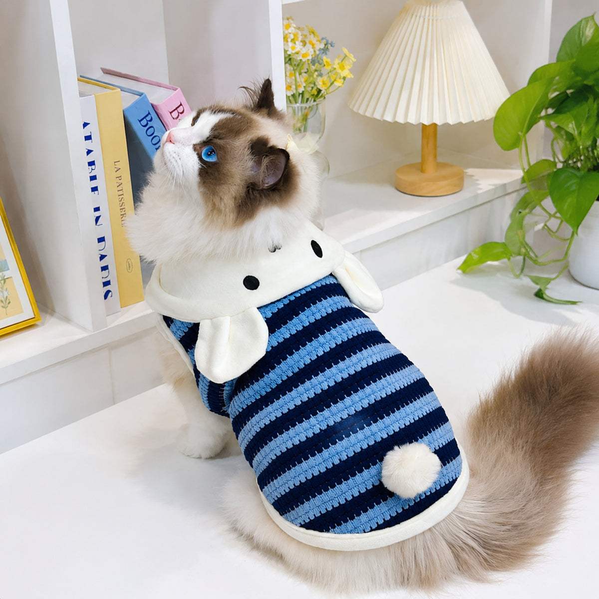 Bunny Hooded Pet Jumper | Fleece-Lined Striped Winter Coat with Lead Ring