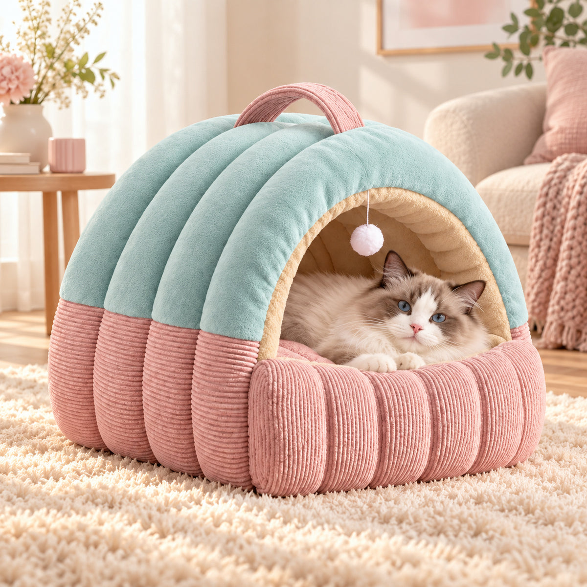 Dog Bed & Cat Bed | Cosy Plush Cave with Fold-Down Front