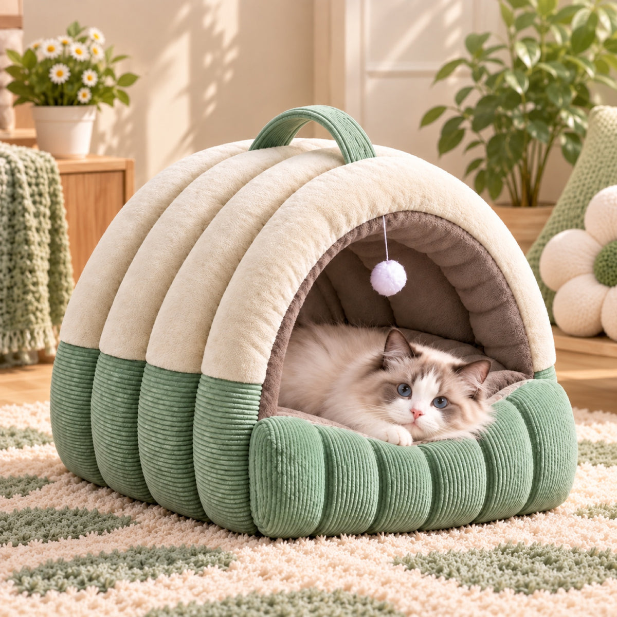 Dog Bed & Cat Bed | Cosy Plush Cave with Fold-Down Front
