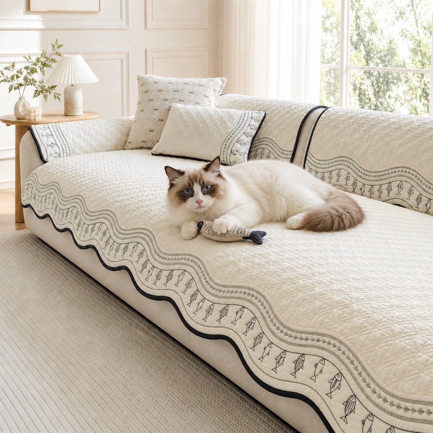 Fish Pattern Cotton Sofa Protector | Quilted Non-Slip Washable Cover