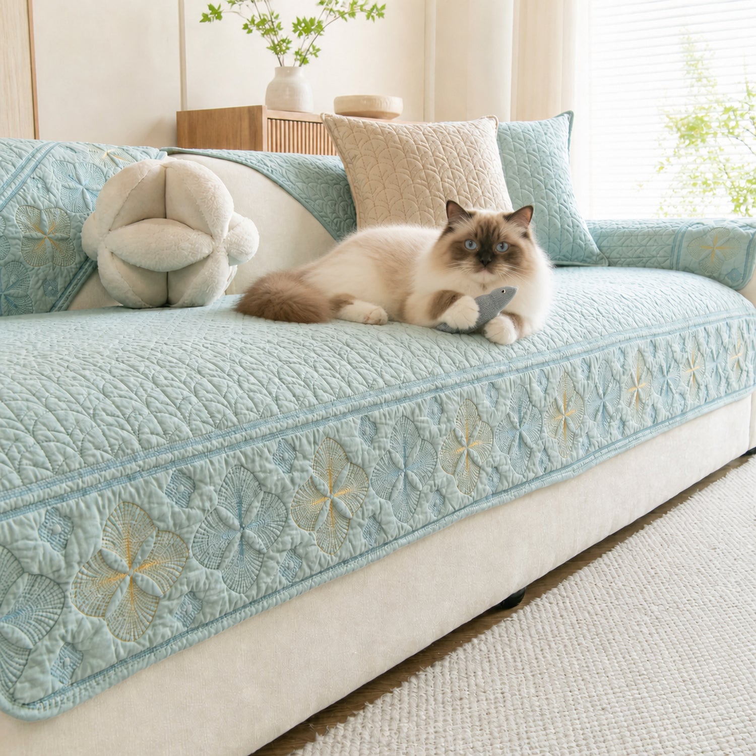 Floral Grace Quilted Sofa Cover | 100% Cotton | Non-Slip Machine-Washable