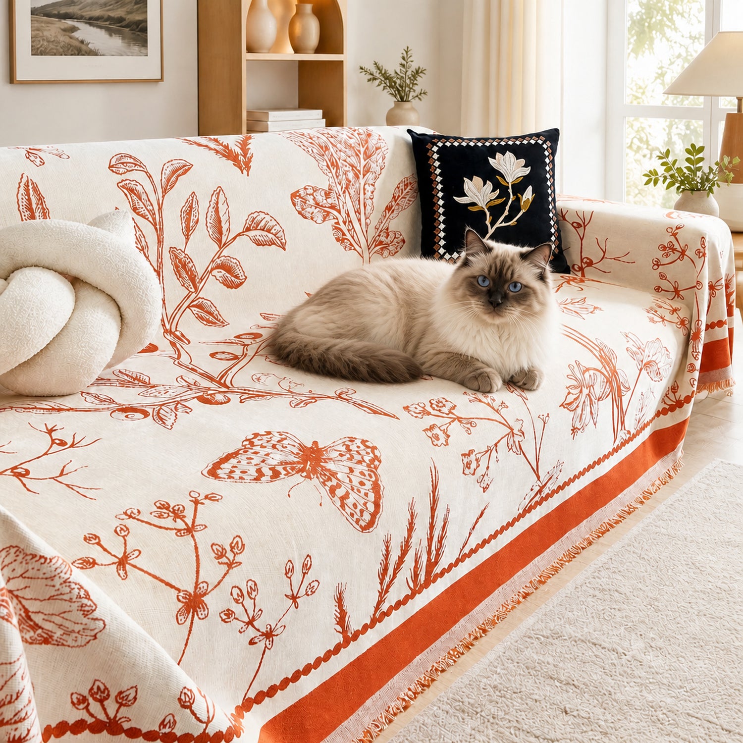 Botanical Sketch Reversible Chenille Sofa Throw | Machine-Washable Sofa Protector