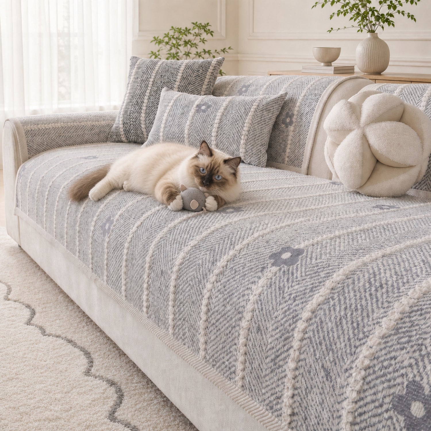 Daisy Stripe Chenille Sofa Protector | Non-Slip Machine-Washable Cover